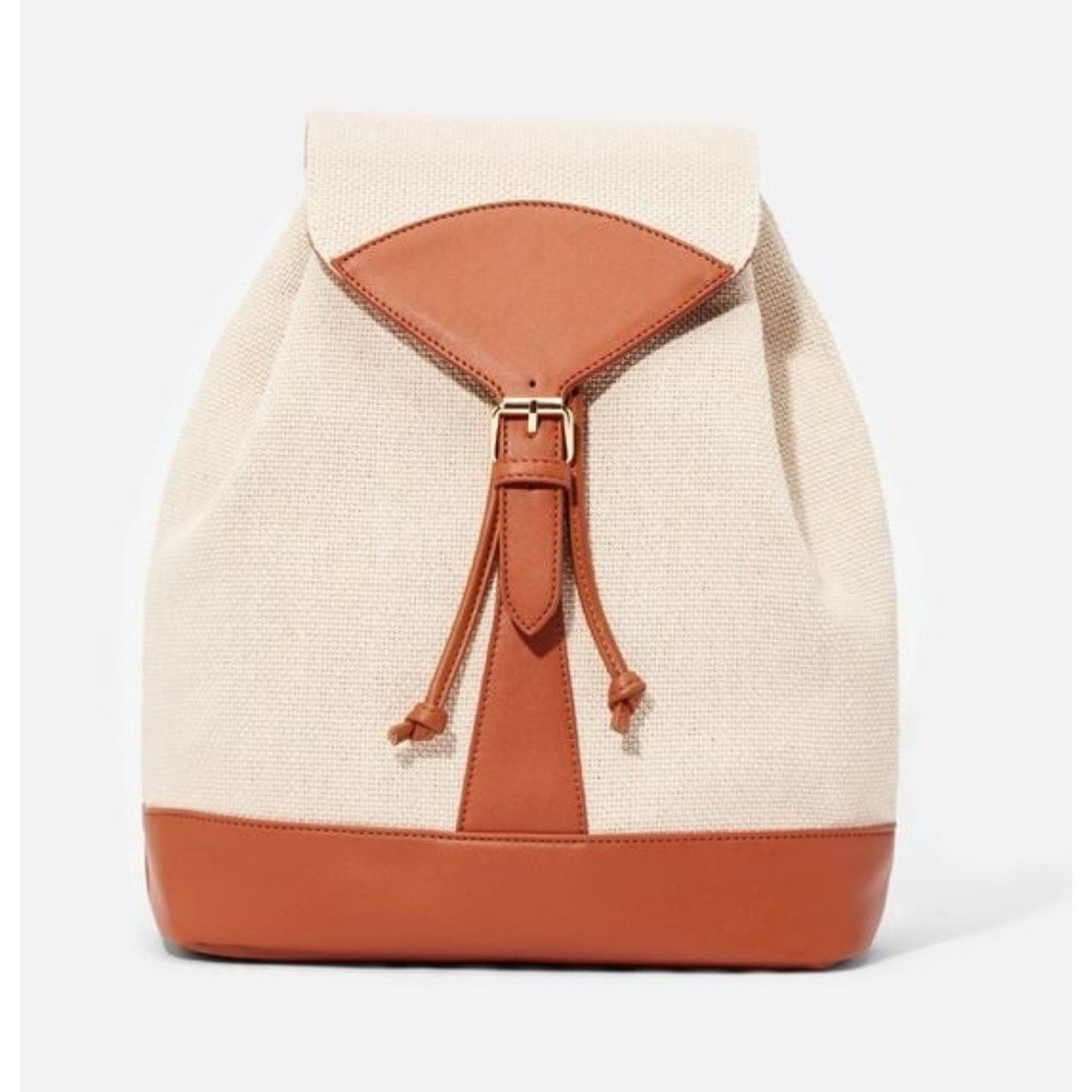 JustFab Womens Canvas and Faux Leather Drawstring Backpack Cream Brown Boho
